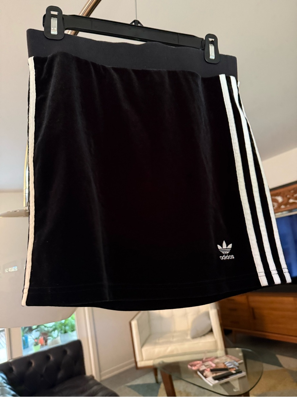 adidas Black Velour Mini Skirt with White Three-Stripes